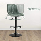Green retro bar stool with tufted seat and backrest, black base, 360° swivel