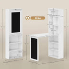 White 3-in-1 fold-out work desk with open compartments and side dimensions