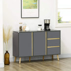 Dark grey sideboard with two cabinet doors and three-drawer base with wooden legs