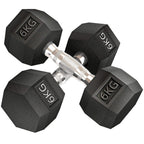 Black hex rubber dumbbells set with 6 kg markings and chrome knurled handles