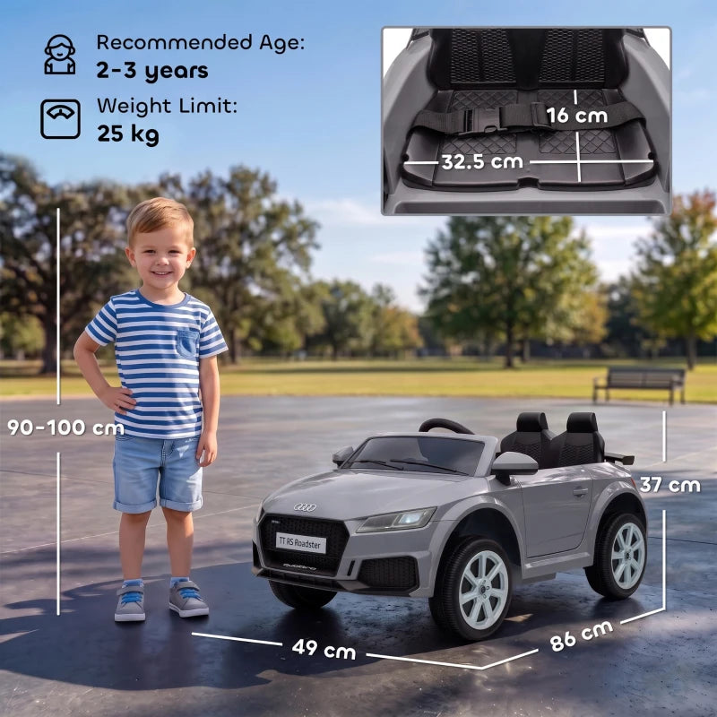 Grey 12V ride-on electric car with open cockpit, 4-wheel design, and seat for child