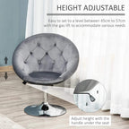 Grey height-adjustable swivel vanity stool with padded tub seat and button tufting