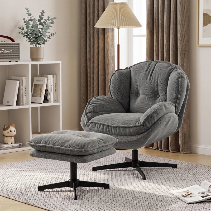 Grey swivel accent chair with adjustable footstool and tufted back cushion, black base