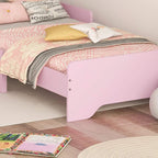 Pink toddler bed frame with curved footboard and slatted platform base