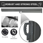 Retractable privacy screen roller housing in gray steel frame, black fabric