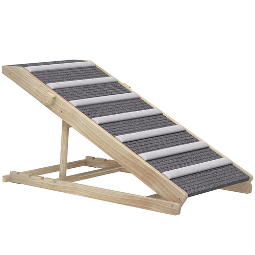 Adjustable folding wooden dog ramp with striped fabric walking surface and support legs