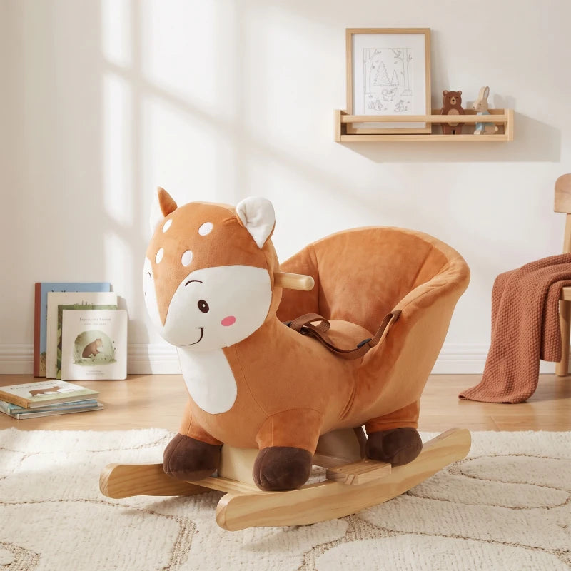 Brown plush deer ride-on rocking horse with safety belt strap and wooden base