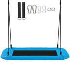 Blue kids nest swing with black woven ropes and hanging tree strap hardware