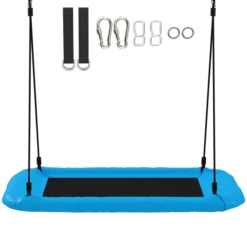 Blue kids nest swing with black woven ropes and hanging tree strap hardware
