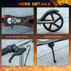 Black kick scooter details: wide deck, big wheels, rear brake, kickstand