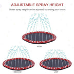 Red dog splash pad with white paw-print rim under adjustable fan water spray