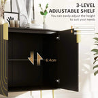 Black sideboard with open doors showing 3-level adjustable shelf inside and gold tone hinges