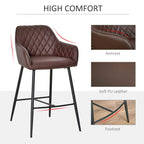 Brown quilted bar stool with armrest padding, soft PU leather seat, and footrest