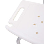 White shower stool seat close-up with handle cutout and anti-slip drainage holes.
