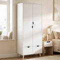 White 2-door wardrobe with 2 drawers and wood feet, front corner view.