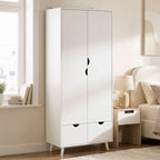 White 2-door wardrobe with 2 drawers and wood feet, front corner view.