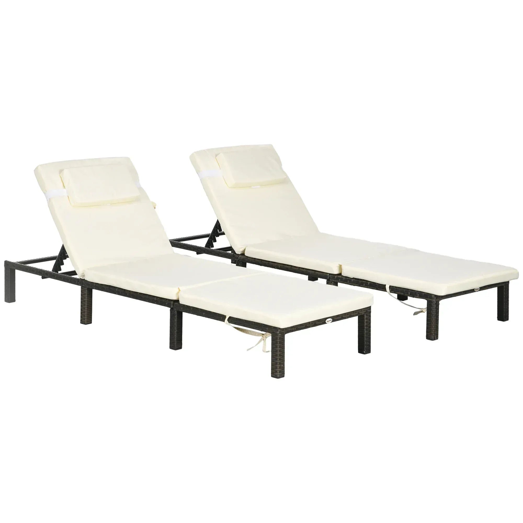 Set of Two Reclining Rattan Sun Loungers, with Cushions - Brown/Cream - Bobobiy