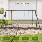 Green metal swing set frame with double-seat swings and glider platform on ropes.