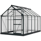 Grey walk-in greenhouse with clear twin-wall polycarbonate panels and front sliding door