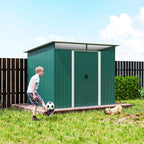 Green metal garden shed with double doors and sloped roof