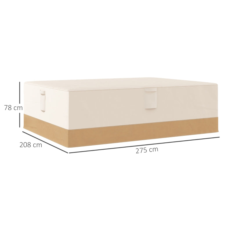 Beige rectangular outdoor furniture cover with corner tabs and neat top panel.