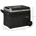 Black portable compressor cooler box with side handle, wheels, and top control panel