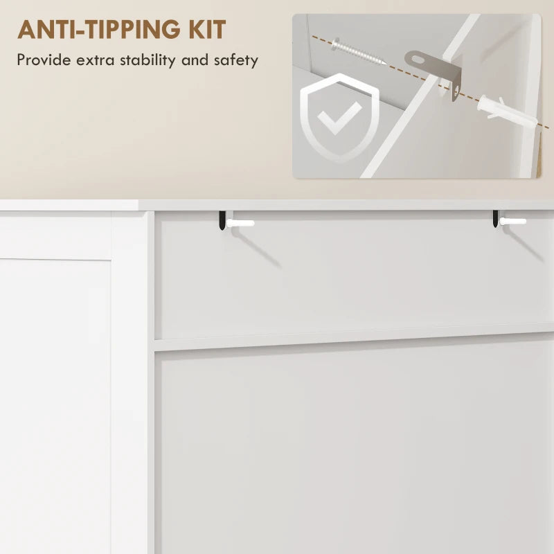 White shoe cabinet with drawer and anti-tipping kit attachment shown