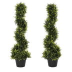 Pair of green spiral artificial topiary trees in black nursery pots