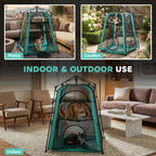 Teal and black indoor outdoor cat tent with mesh front, top tier, and circular entrance