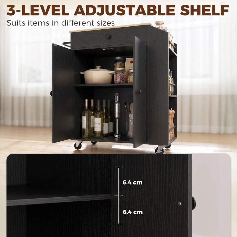 Black cabinet kitchen cart with open door, interior shelves, and leveling feet