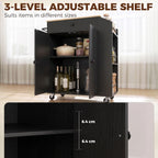 Black cabinet kitchen cart with open door, interior shelves, and leveling feet