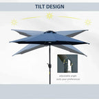 Blue tilt-design garden parasol with adjustable angle and central LED lamp