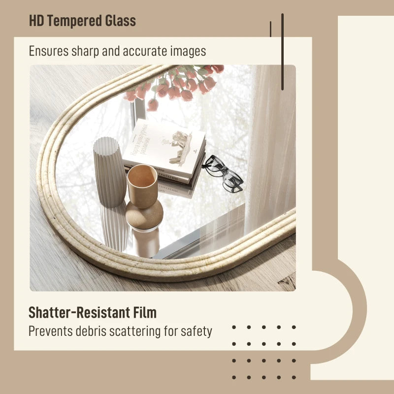 Beige arched wall mirror with thick clear glass and grooved edge frame