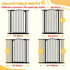 Black adjustable dog gate width chart with multiple extension configurations