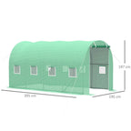 Green walk-in polytunnel greenhouse with roll-up door, side windows, and size markings