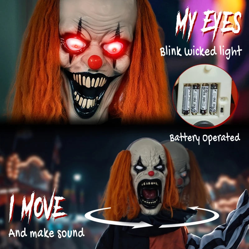 Halloween clown animatronic face close-up with red glowing eyes, red nose, orange wig hair