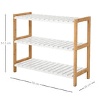 Natural wood 3-tier shoe rack with white slatted shelves, open side frames