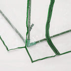 Clear PVC tunnel greenhouse corner with green frame joints and cross braces