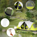 Yellow and gray camping tent with zipped front doors, mesh windows, and pockets