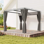 Grey metal pergola with four posts and center gathered curtain panel