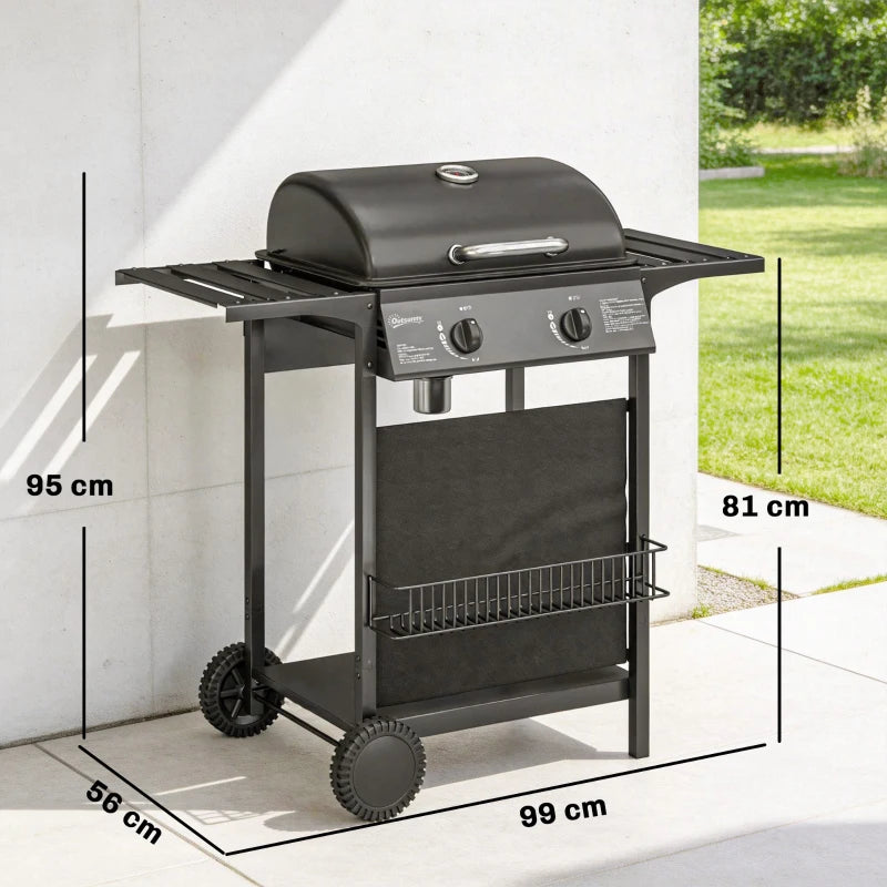 2-burner black gas barbecue grill with side shelves and enclosed storage area
