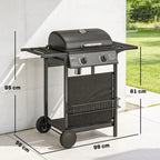 2-burner black gas barbecue grill with side shelves and enclosed storage area