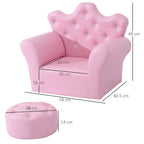 Pink kids armchair with tufted back and round footstool, shown with size guide