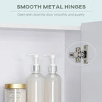 White bathroom mirror cabinet with smooth metal hinges and door hardware detail on the side.