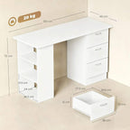 White desk with side open shelf, 3 drawers, and a lower pull-out drawer