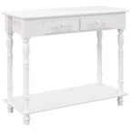 White console table with carved drawer fronts and open lower shelf