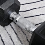 Close-up of textured knurled grip on chrome handle with black hex head