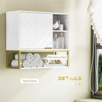 White wall cabinet with hinged door open, shelving with jars and rolled towels
