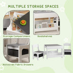 Kids table set with storage compartment, bookshelves, and chair-side drawer cubby