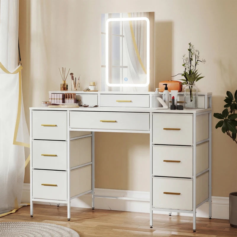 White dressing table with LED mirror and side-by-side drawer storage